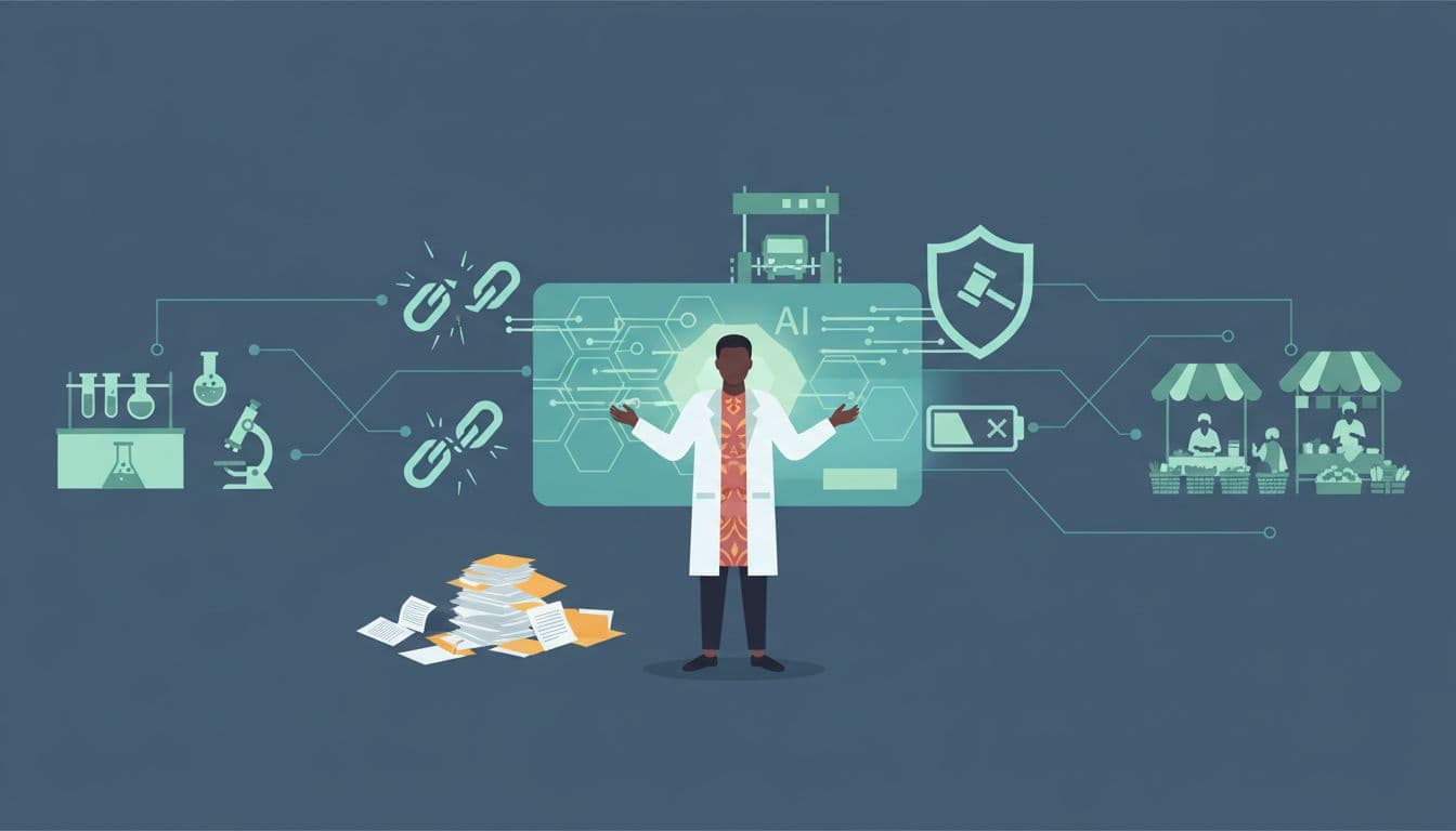 AI Food Safety Africa. Conceptual illustration depicting key obstacles to AI adoption in food safety for Sub-Saharan Africa, including broken data links, paper files, limited capacity, and regulations.