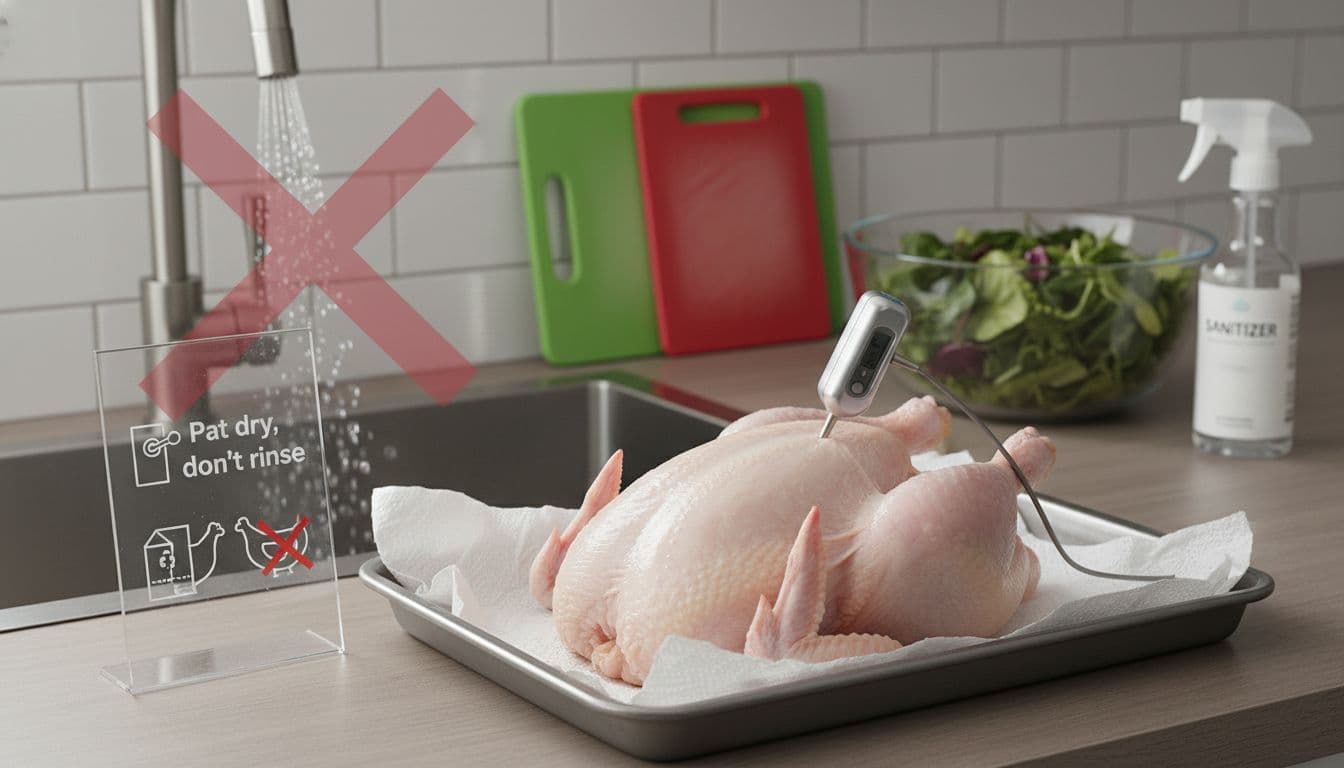 Safe chicken prep scene showing pat dry, separate boards, and sanitizer instead of rinsing.