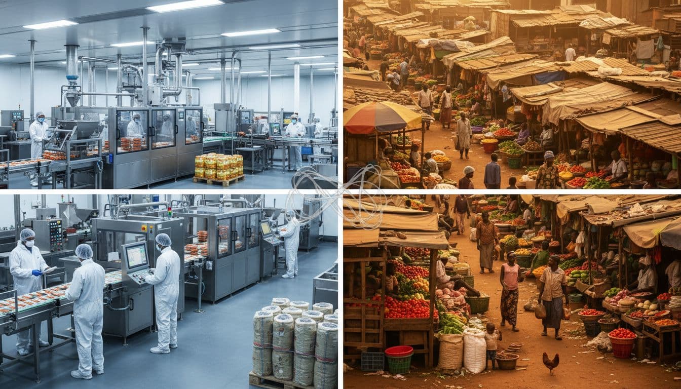 africa-food-safety-industrial-vs-informal-markets-d341fd12 Capacity development in Africa. Side-by-side image of a modern industrial food factory and an African open‑air food market, showing why formal food safety models do not directly fit Africa.