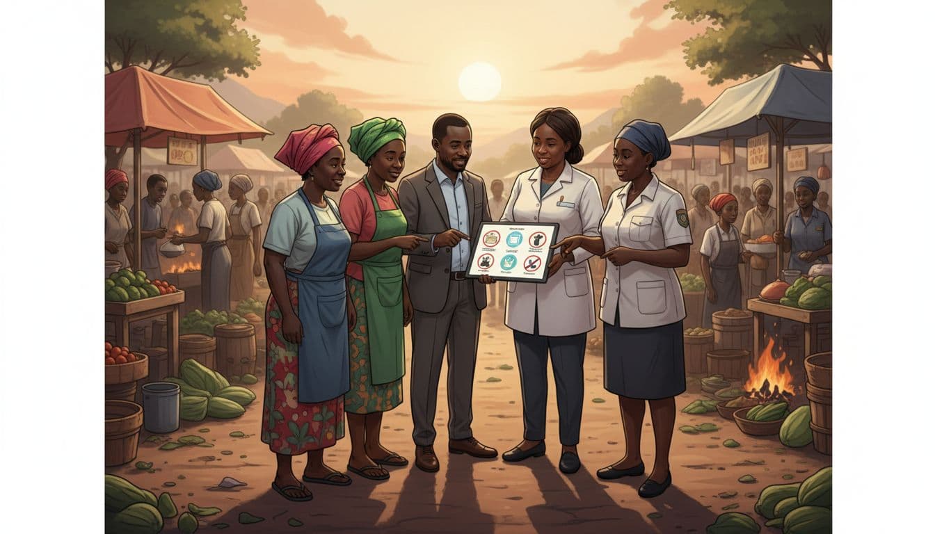 african-market-food-safety-collaboration-training-b6b34d68 Capacity development in Africa. Street food vendors, SME owners, and a local food inspector standing together in an African market, discussing food safety improvements as equal partners.