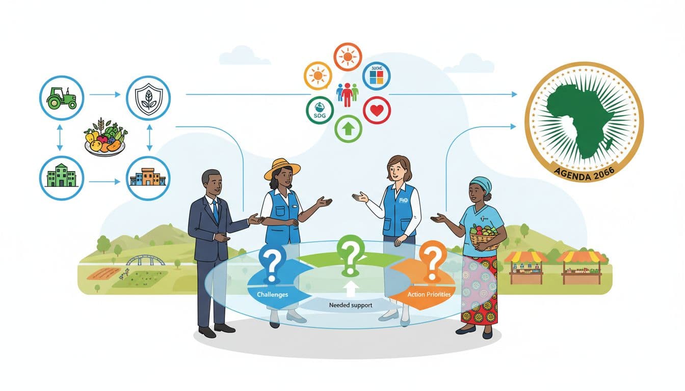 central-african-republic-food-systems-programming-framework-infographic-ea35f458 Illustration of the FAO–government Country Programming Framework linking agriculture, nutrition, and food safety in Central African Republic with national plans and global goals
