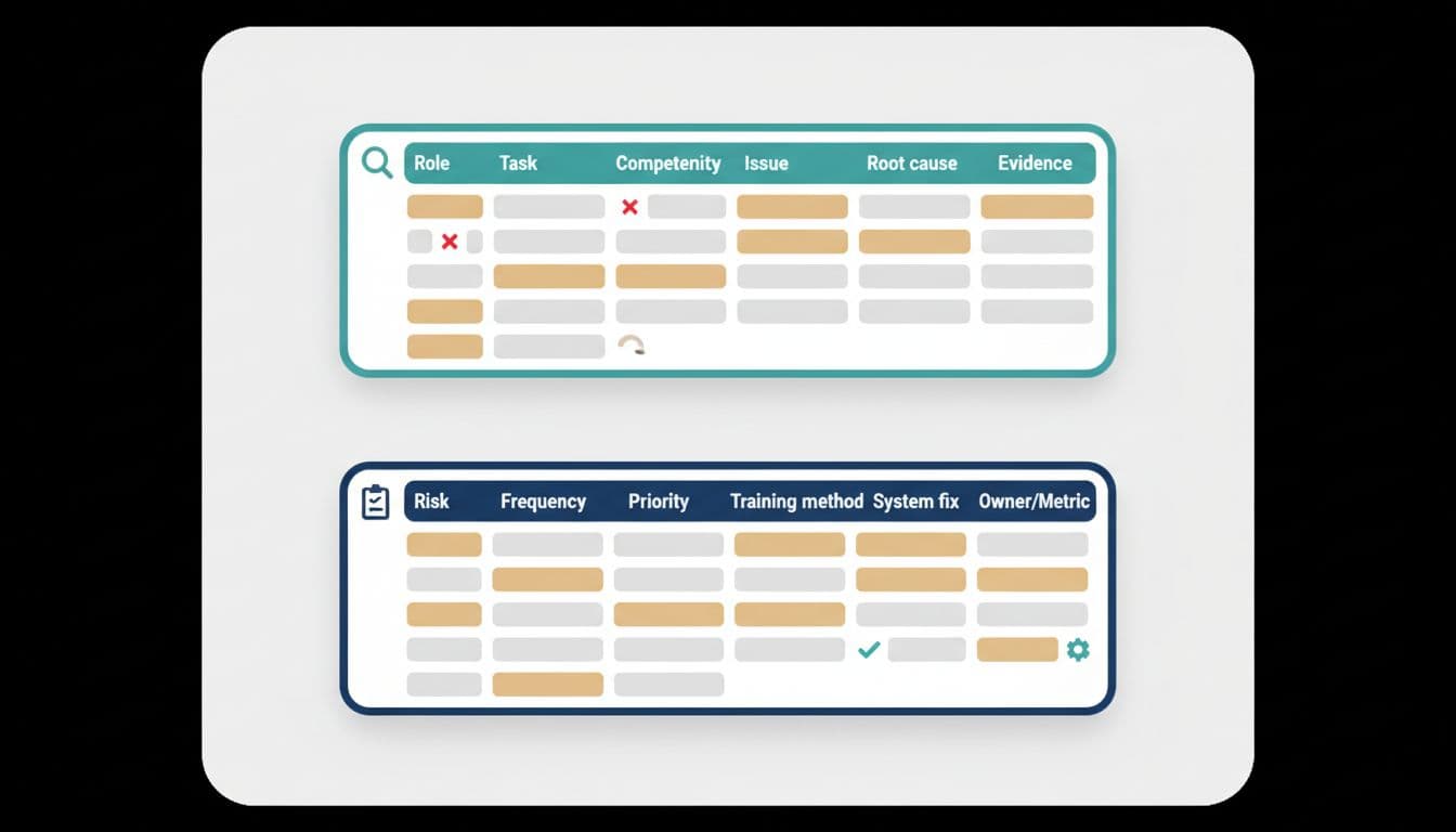 food-safety-training-needs-assessment-template-tables-51cdbb0f Preview of two-table food safety training needs assessment template (diagnosis and action plan)