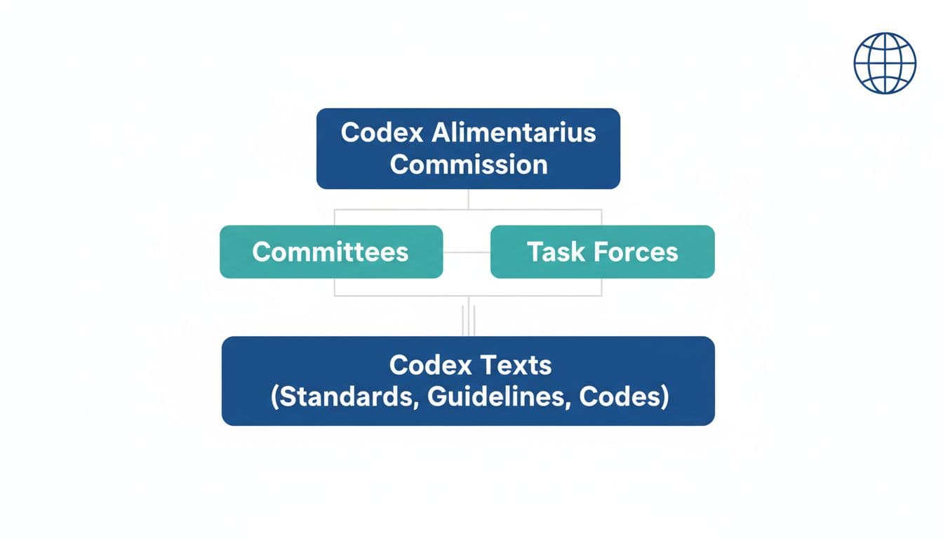 Infographic showing Codex Alimentarius structure with the Commission, committees and task forces, and Codex texts.