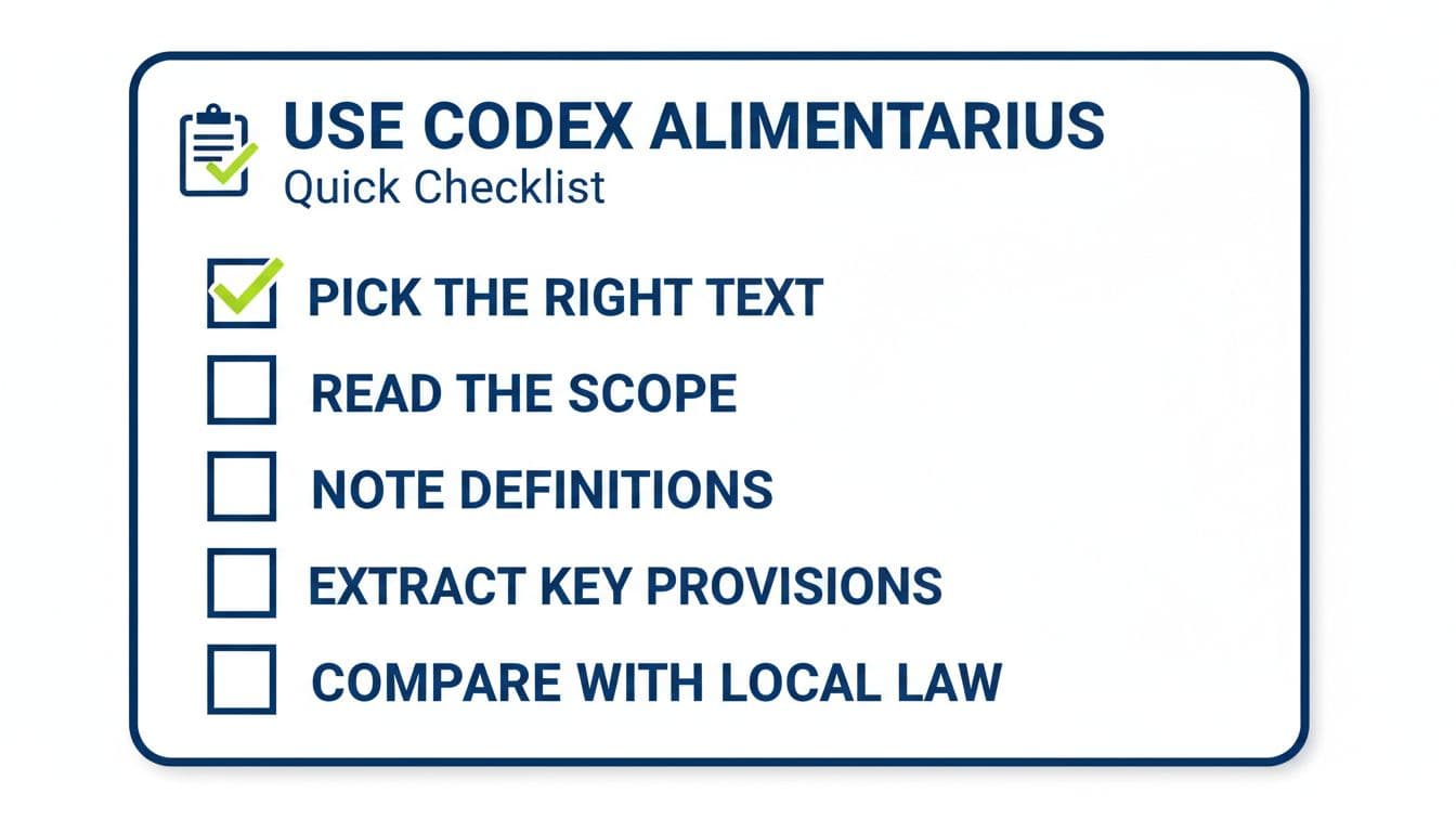 Checklist graphic with steps to use Codex Alimentarius, including scope, definitions, and comparison with local law.