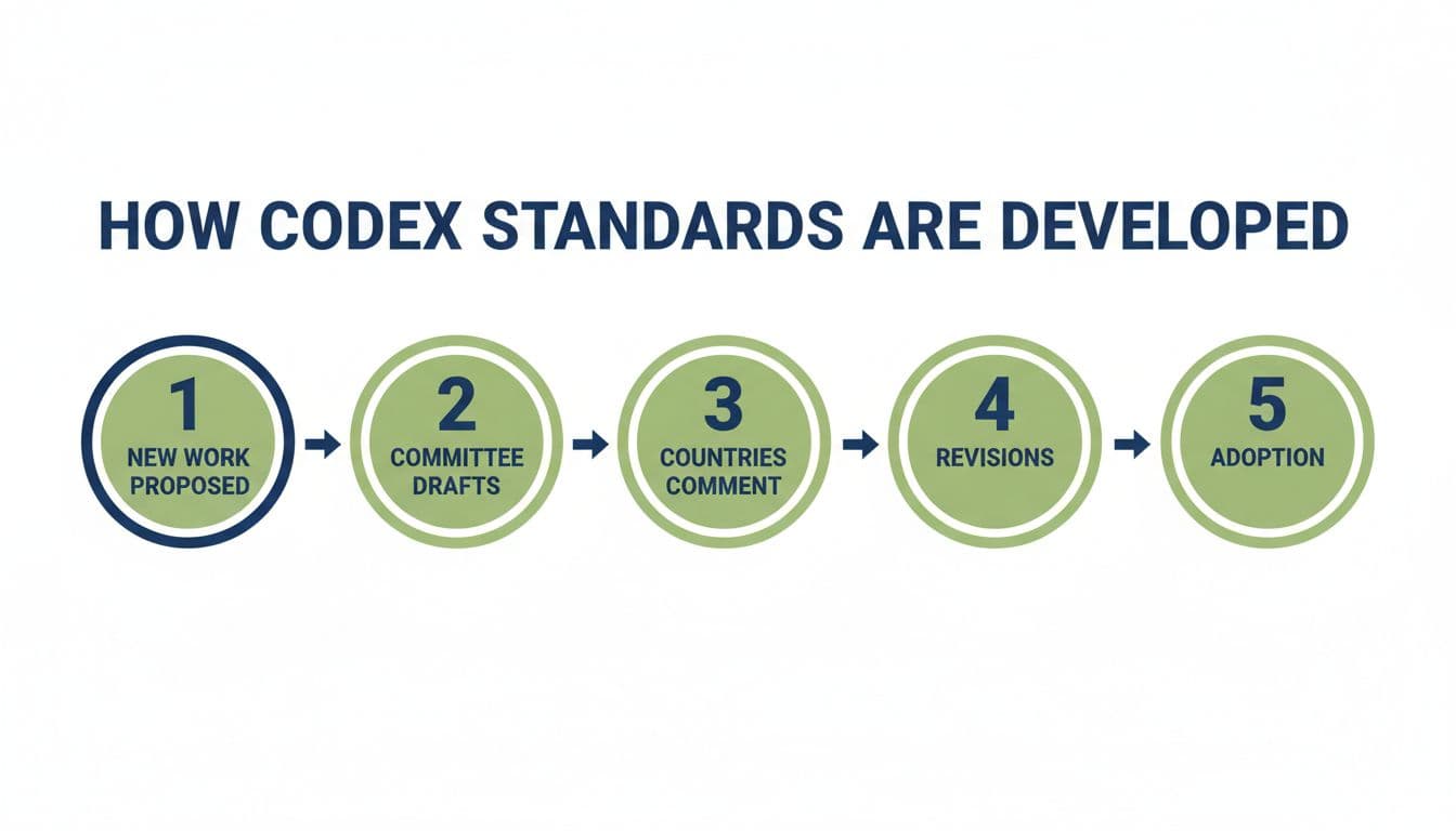 Five-step flowchart showing how Codex Alimentarius standards are developed from new work to adoption.
