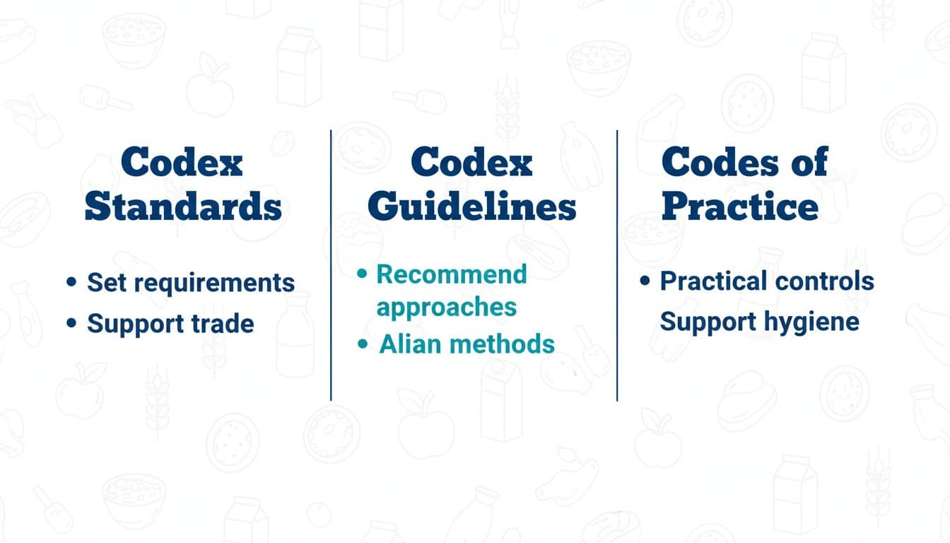 Comparison chart of Codex Alimentarius standards, guidelines, and codes of practice with key differences.