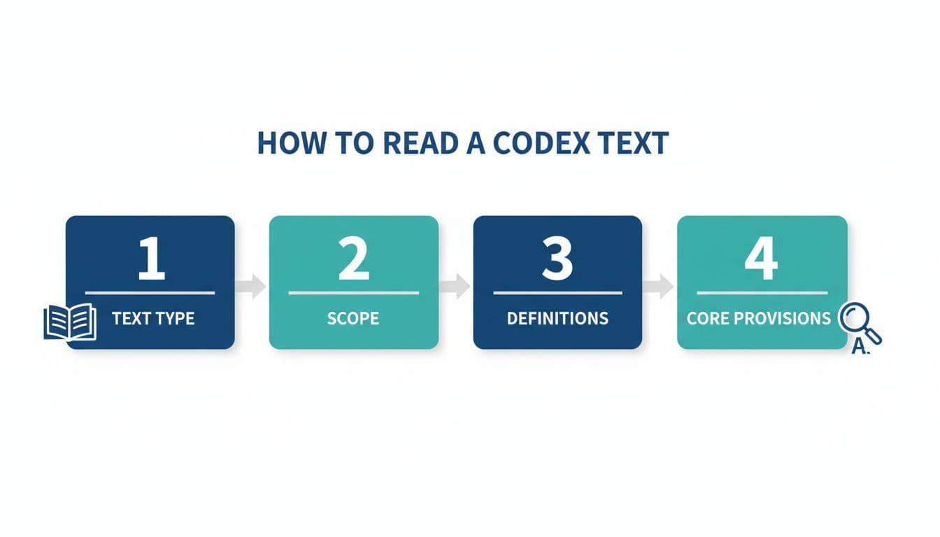Four-step guide to reading a Codex Alimentarius text: text type, scope, definitions, and core provisions.