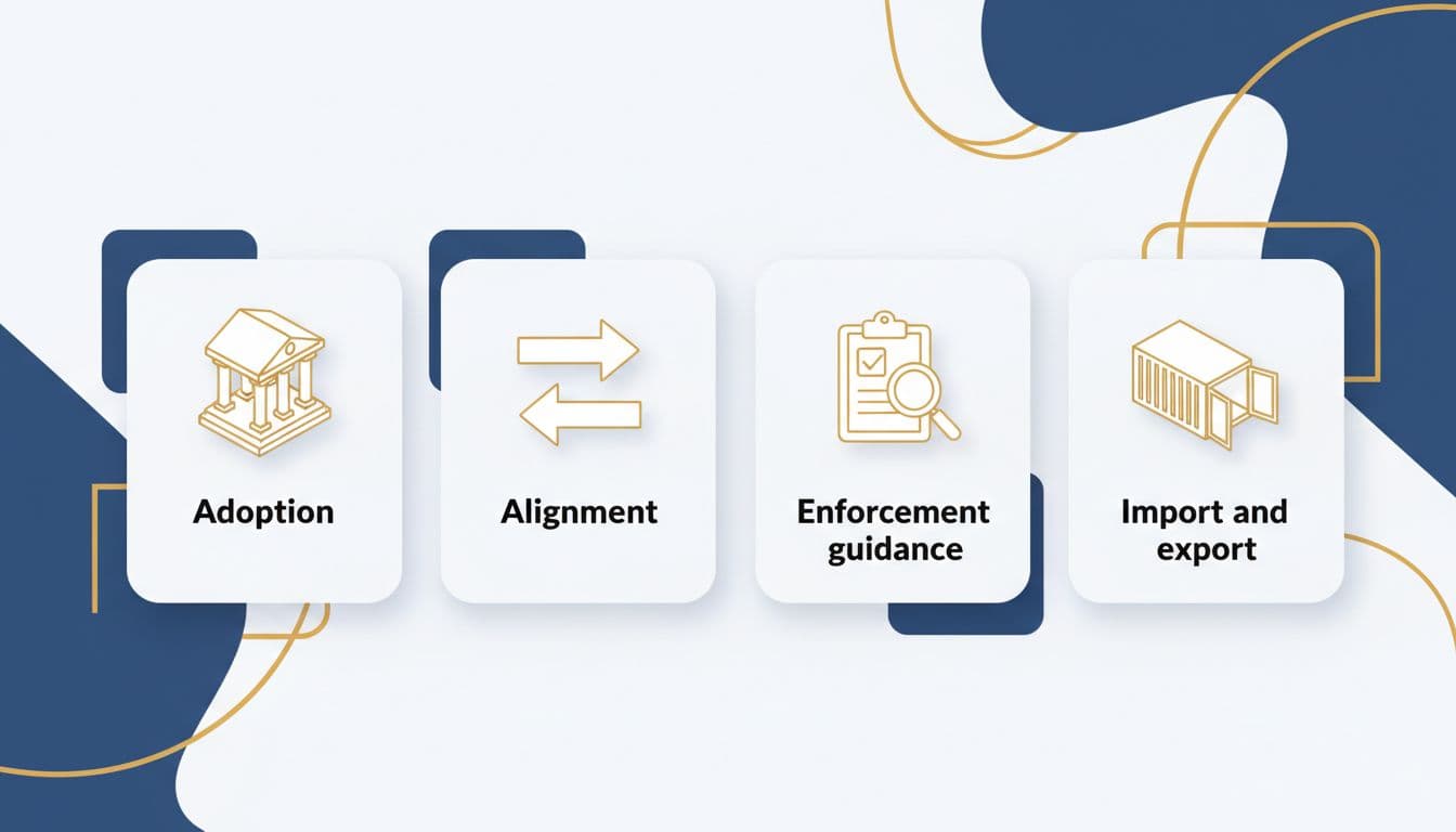 Is Codex Alimentarius law illustration showing four ways countries use Codex in national regulations: adoption, alignment, enforcement guidance, and trade controls.