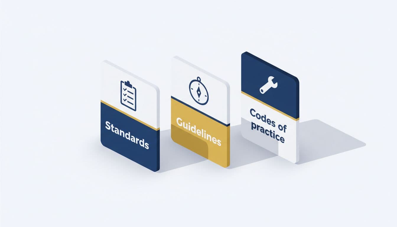 Codex standards vs guidelines vs codes of practice comparison showing three 3D cards with checklist, compass, and wrench icons in blue and gold.