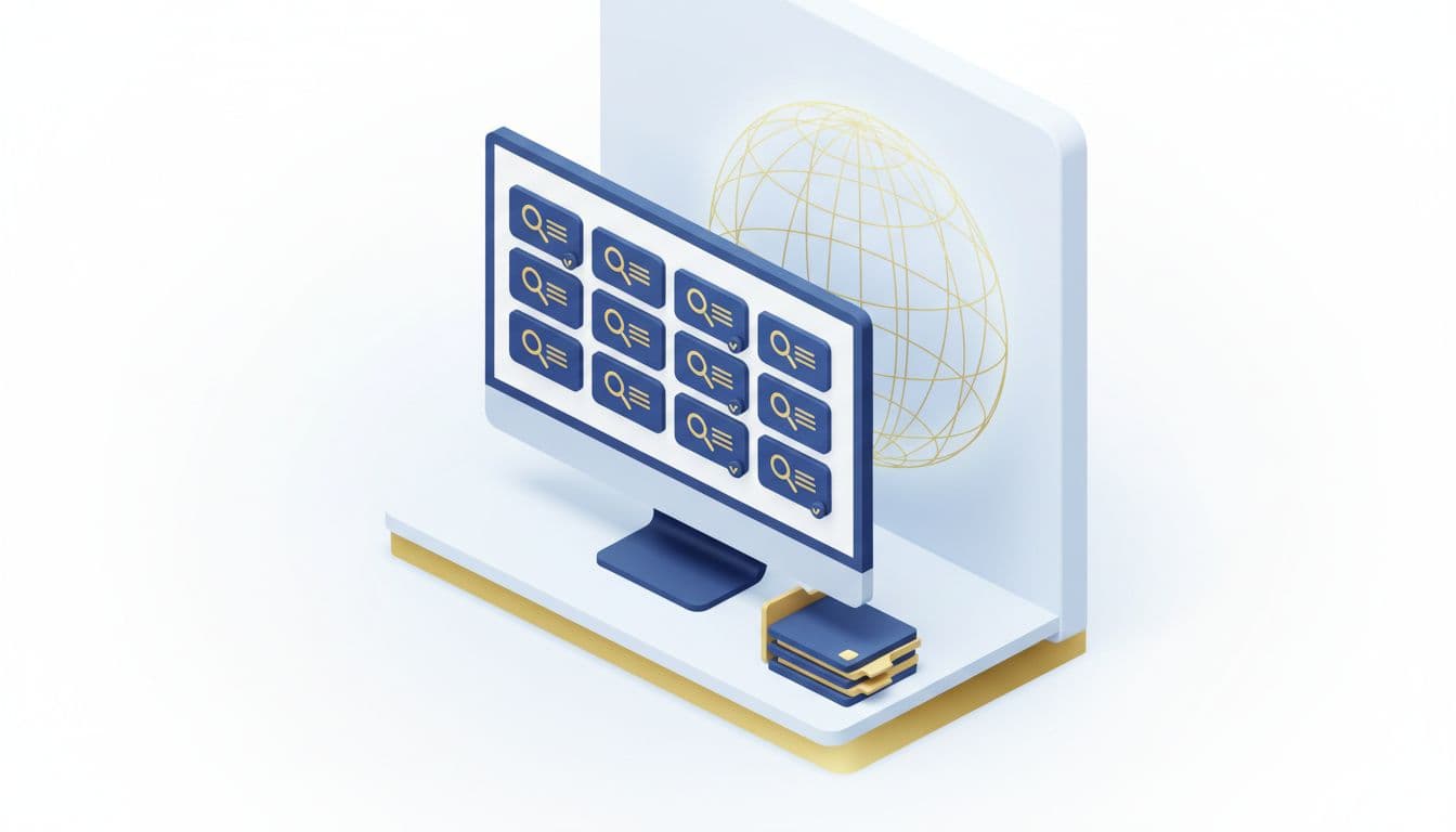 codex-texts-database-search-interface-3d-78b8acd8 find Codex texts online in the official Codex database with a 3D monitor showing document cards, search icon, and verification symbol.
