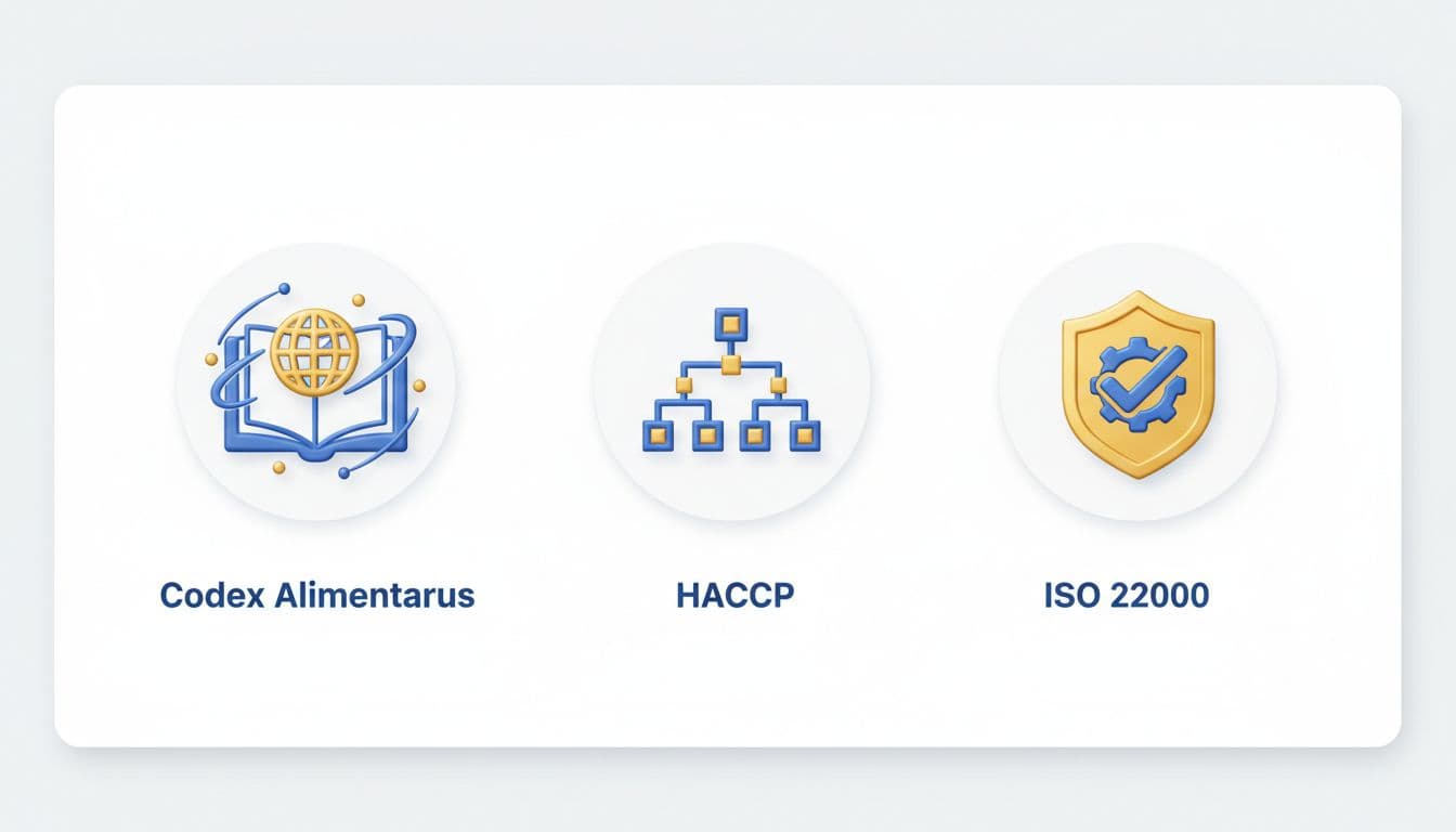 Food safety training in Africa — infographic summarizing three key frameworks: Codex Alimentarius, HACCP, and ISO 22000.
