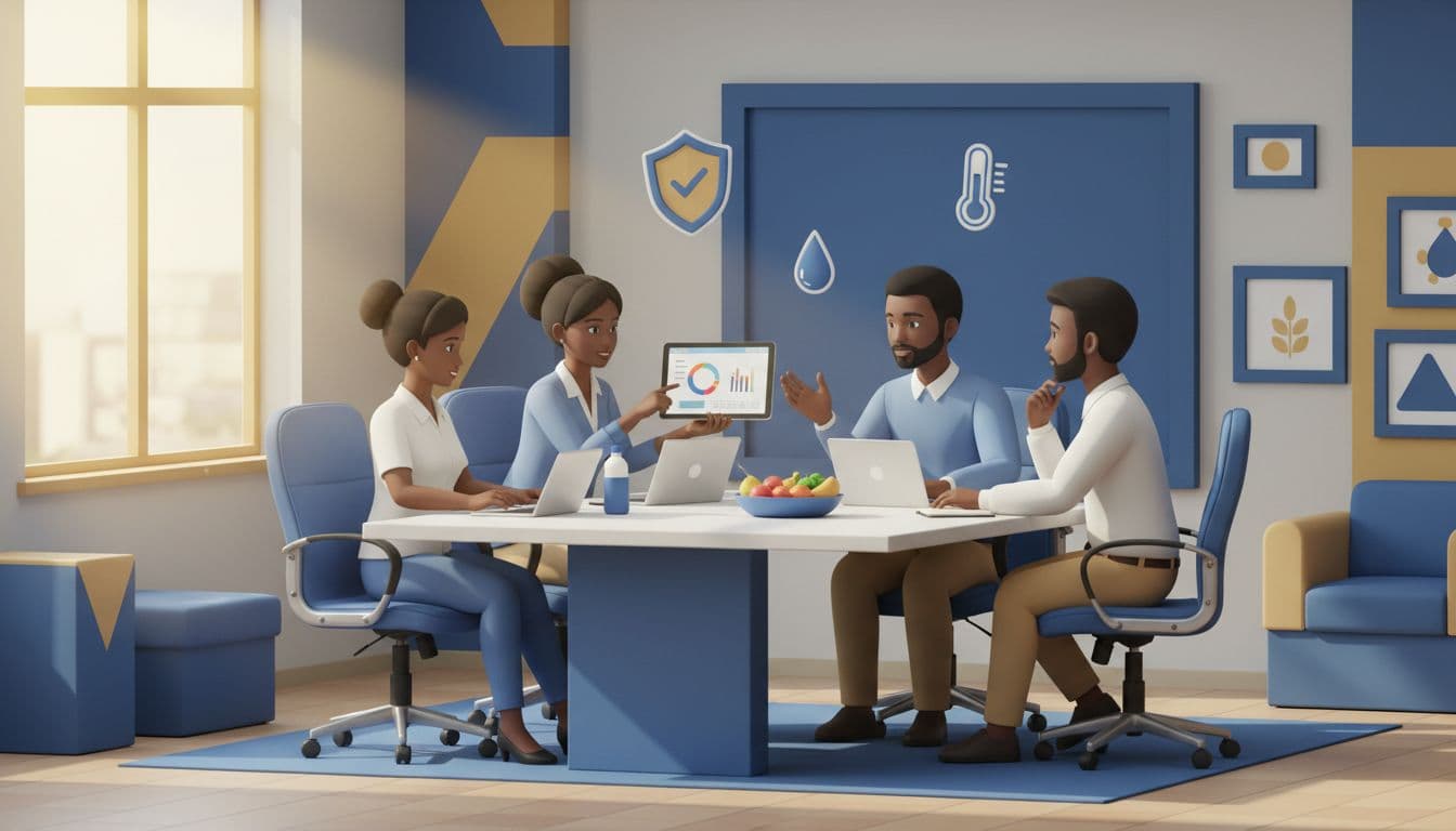 food-safety-training-africa-professionals-collaboration-7703313b Food safety training in Africa — four diverse professionals collaborate around a conference table in a bright training room with floating safety icons.