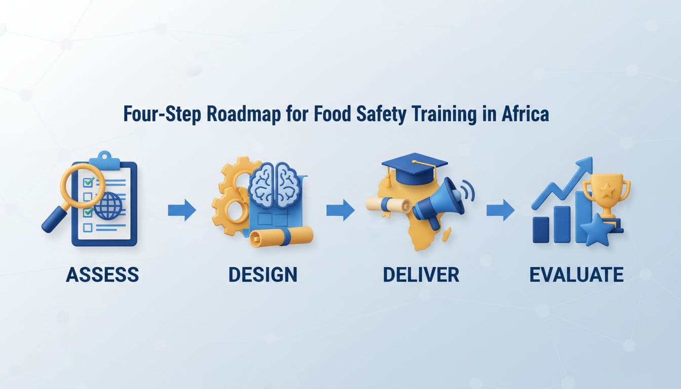 four-step-food-safety-training-roadmap-africa-c875e18b Food safety training in Africa — roadmap showing four steps: Assess, Design, Deliver, Evaluate.