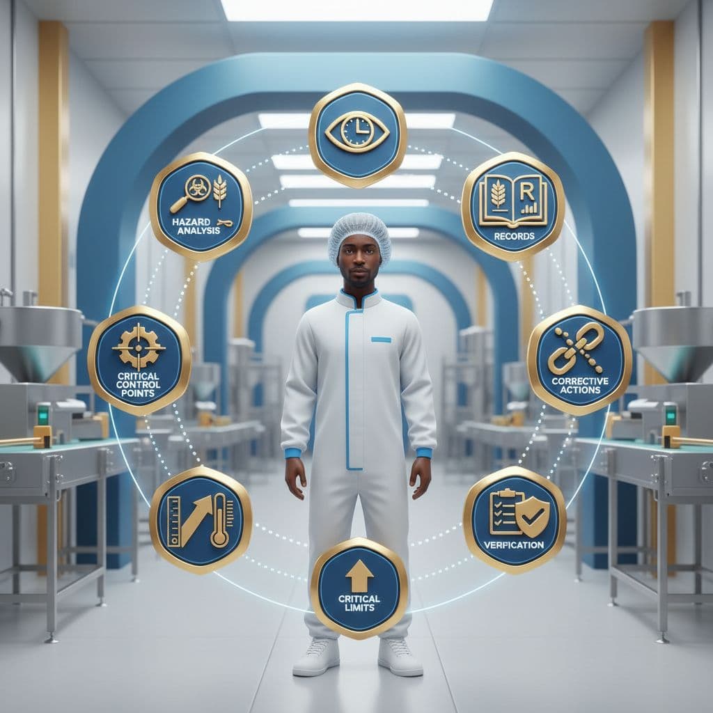 An infographic-style illustration of the seven HACCP principles shown around a central food safety professional in a modern production setting