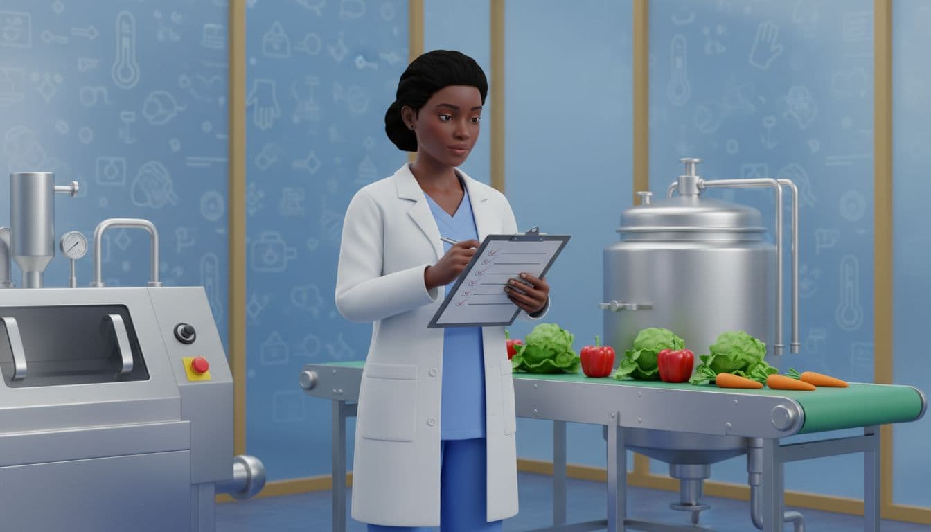 One African food safety professional reviewing a HACCP checklist in a modern food production facility, with stainless steel equipment and fresh produce.