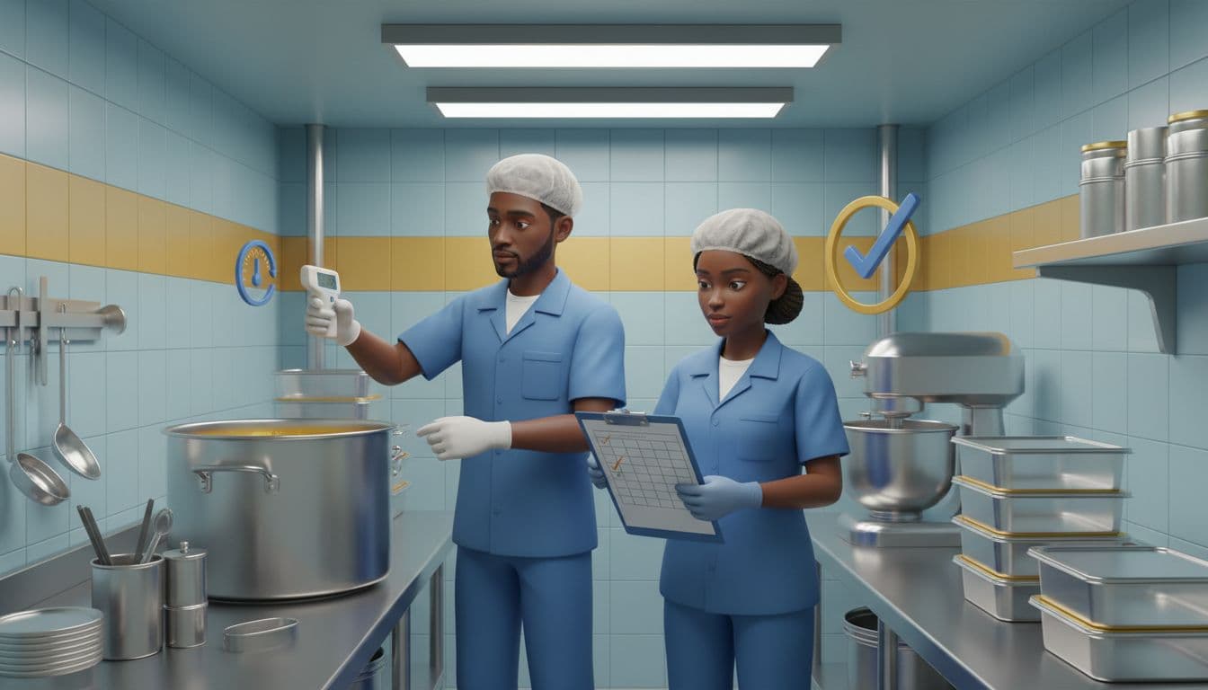 Two African food workers in a small production space, one checking a thermometer and the other reviewing a process log sheet, showing simple HACCP practices.