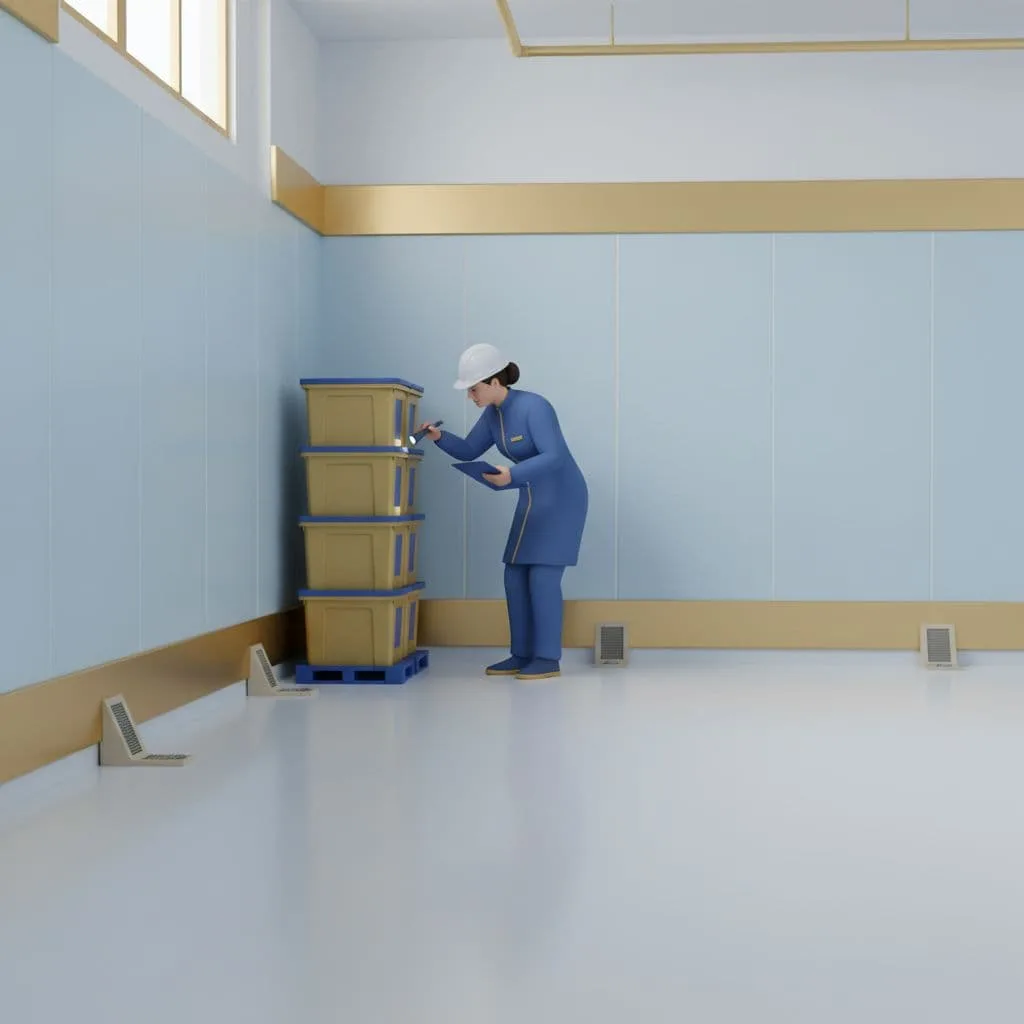Food safety worker inspecting a storage area for rodent prevention