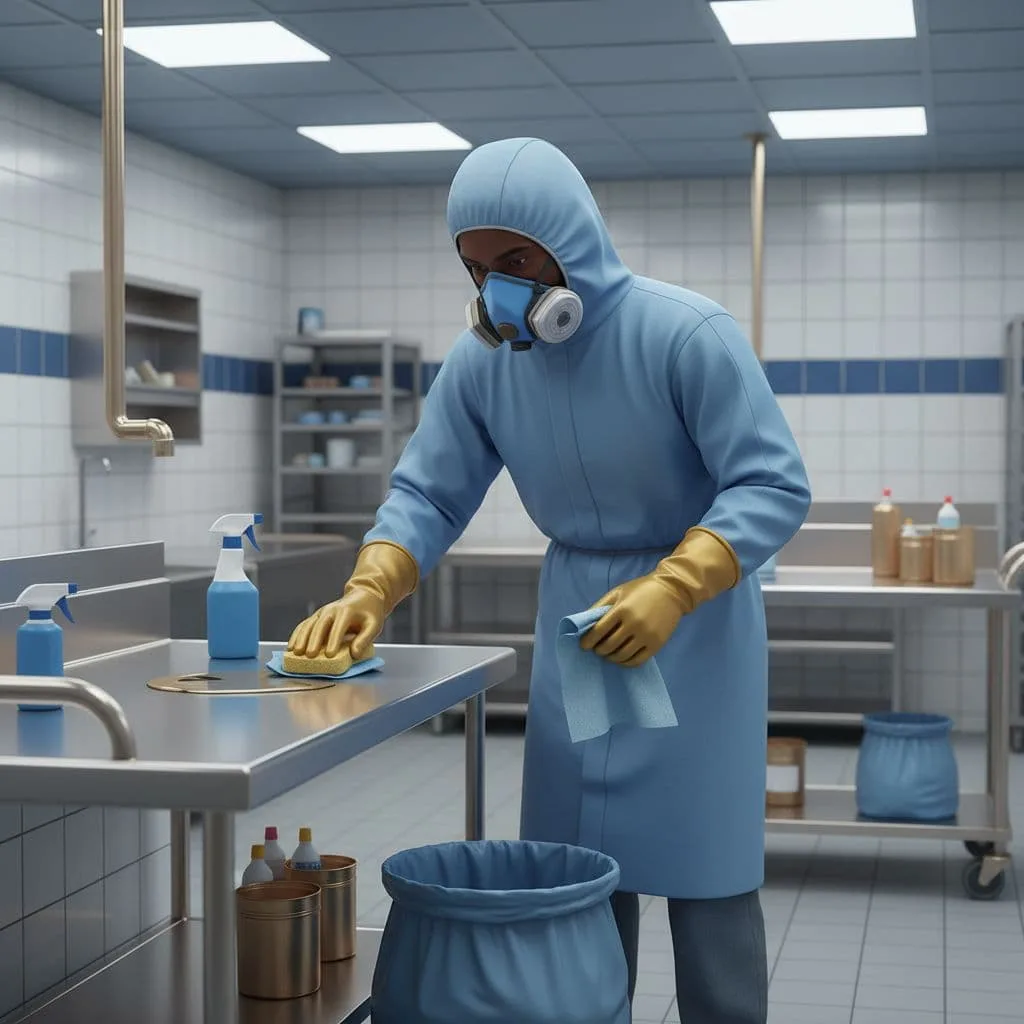 Hantavirus and food safety cleanup in a food facility with a Black worker using wet cleaning methods
