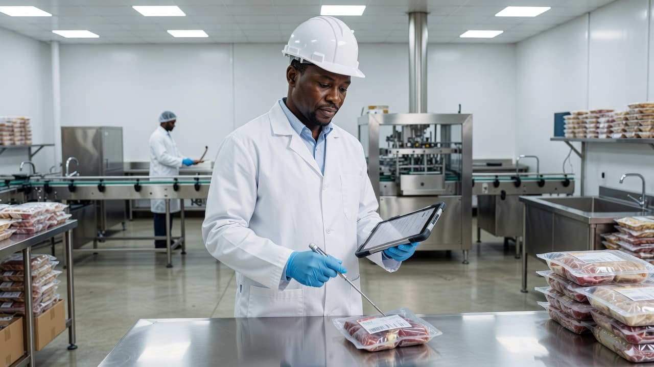 food-safety-compliance-inspection-315c8394 Black African food safety inspector reviewing packaged food products in a clean processing facility