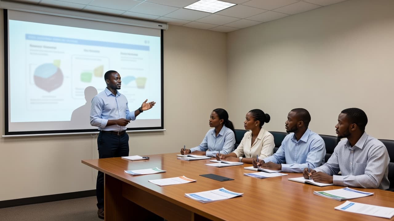 food-safety-training-workshop-75e26cd4 Black African trainer leading a food safety workshop with four seated participants