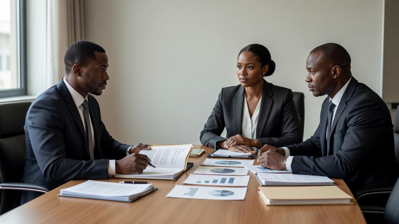 policy-consultation-meeting-012140b5 Three Black African professionals reviewing food safety policy documents in a formal meeting room