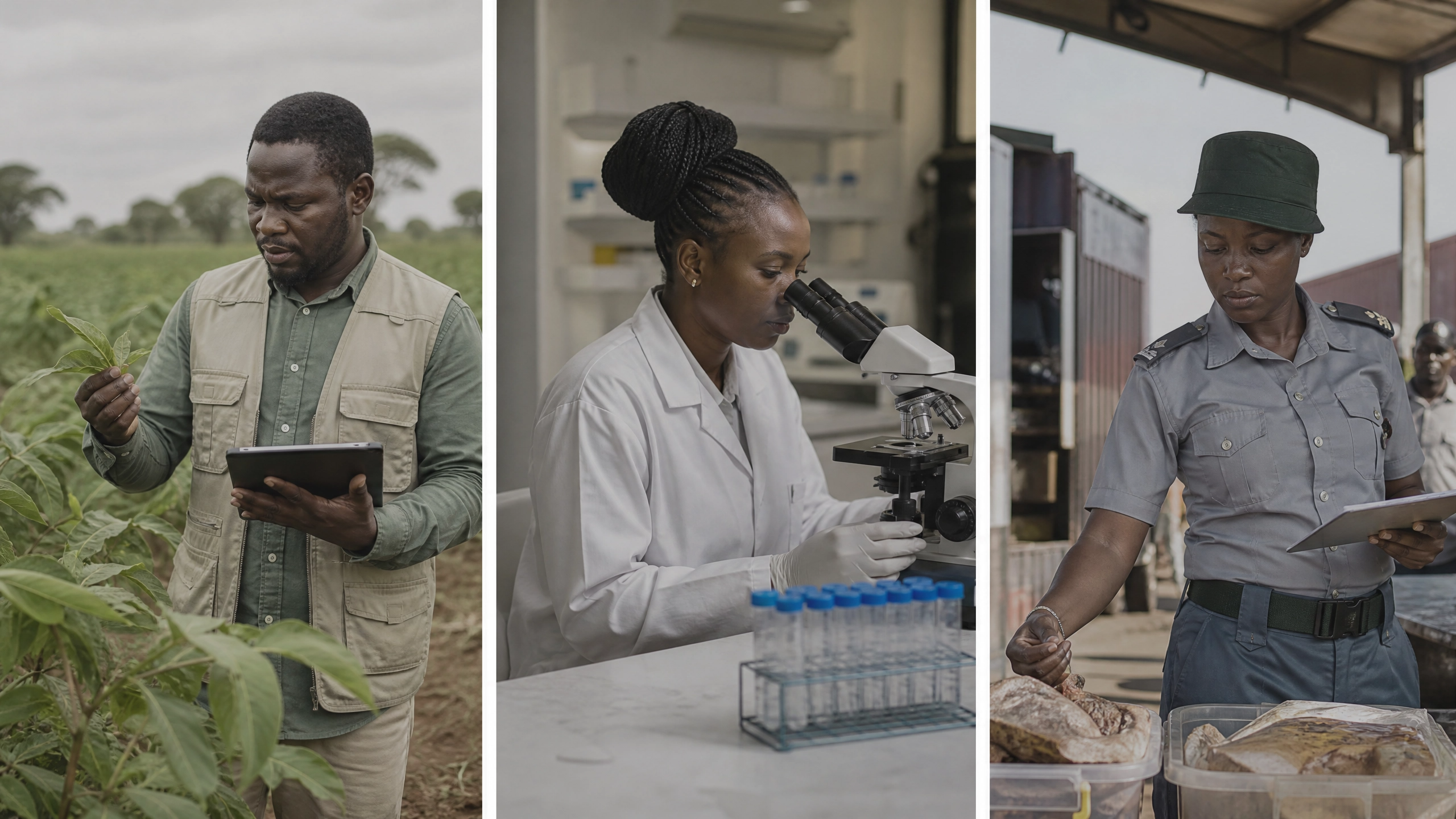 Three African government agencies — agriculture, laboratory, and border control — operating in silos, illustrating the fragmentation of national food control systems in Africa