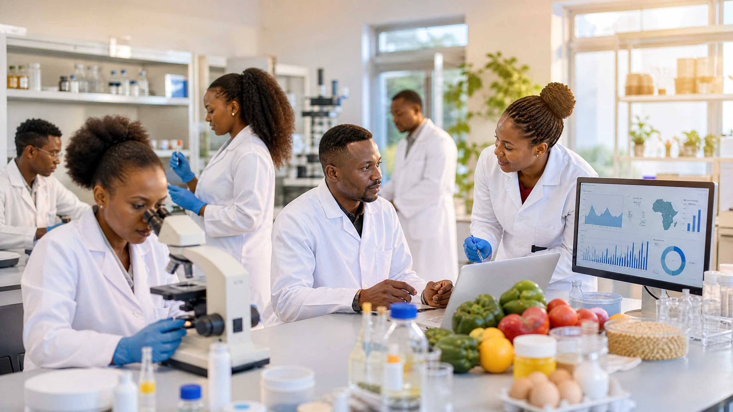 A diverse team of African food safety scientists collaborating in a modern laboratory, representing the capacity needed to strengthen national food control systems in Africa